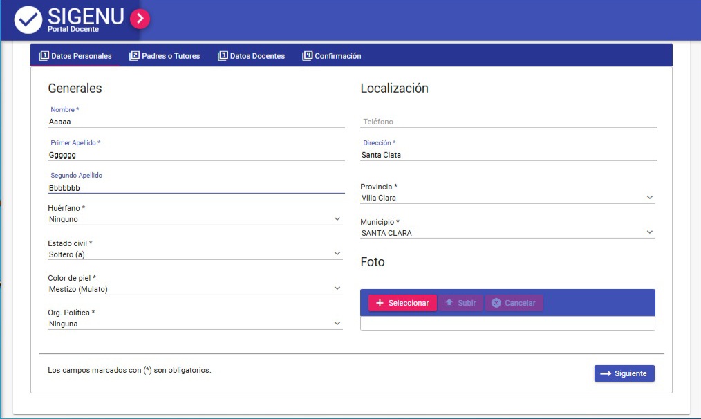 Primera sección: Datos Personales